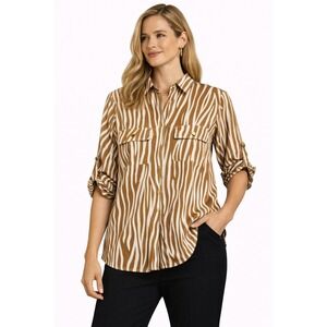NY Collection Zebra Print Blouse Large Petite Tan White Half Zip Roll Tab Sleeve